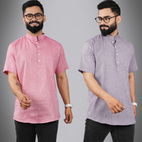 Pack Of 2 Mens Regular Fit Pink And Purple Half Sleeve Cotton Short Kurta Combo