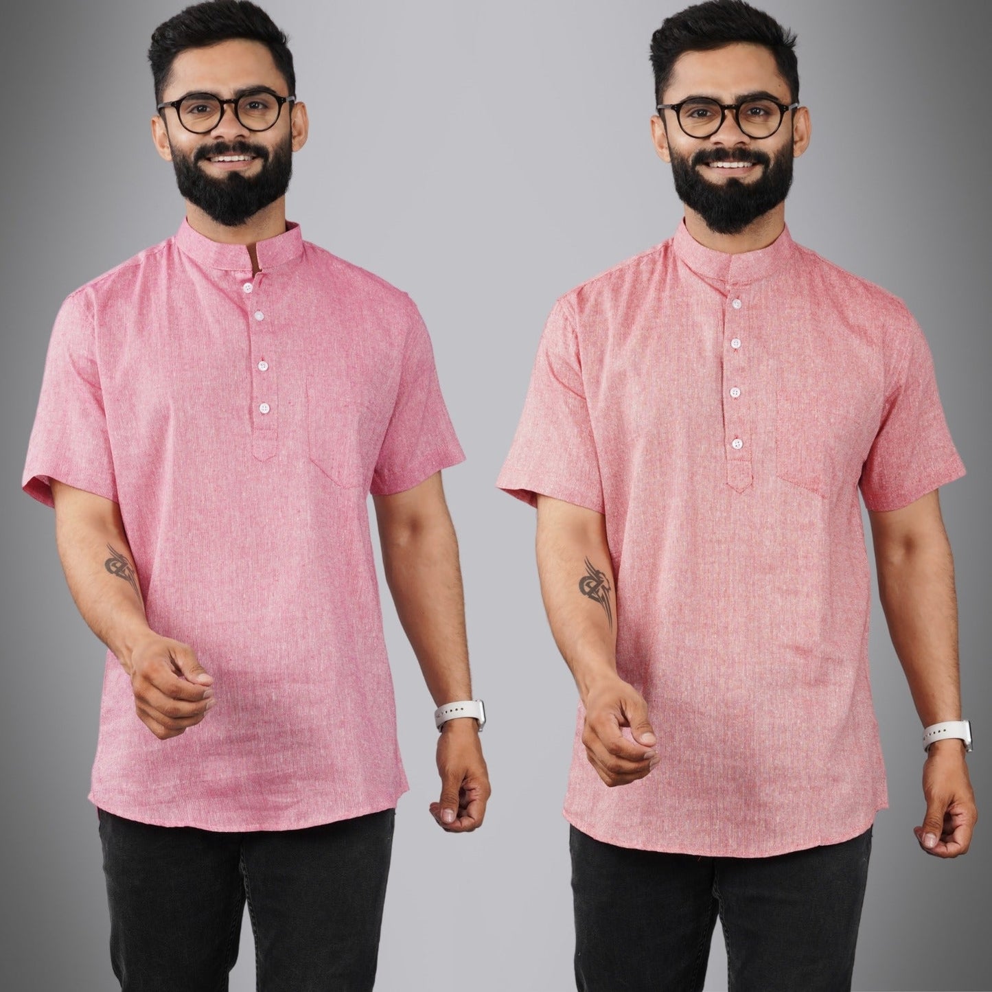 Pack Of 2 Mens Regular Fit Pink And Red Half Sleeve Cotton Short Kurta Combo