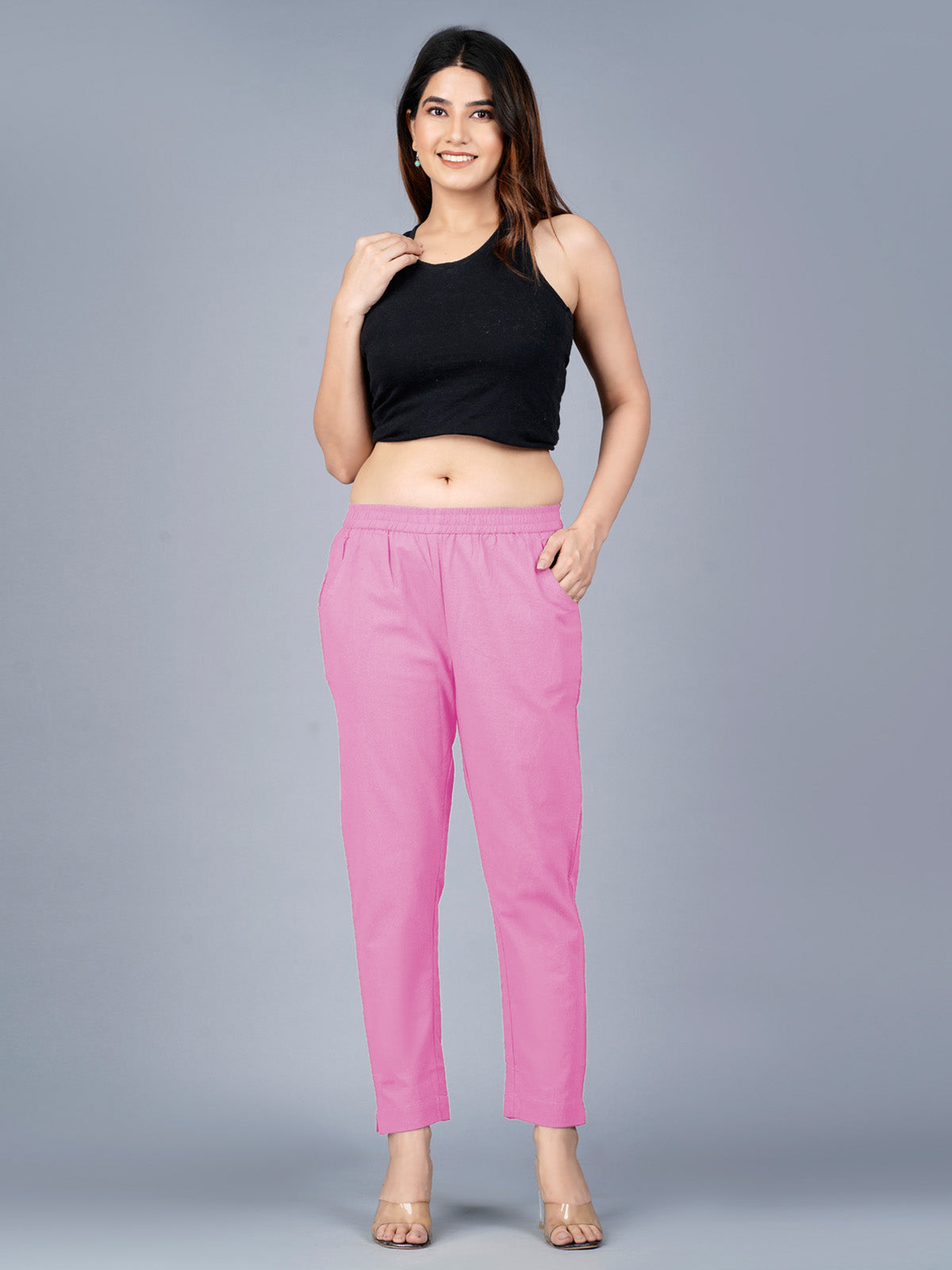 Women's Pink Regular Fit Elastic Cotton Trouser