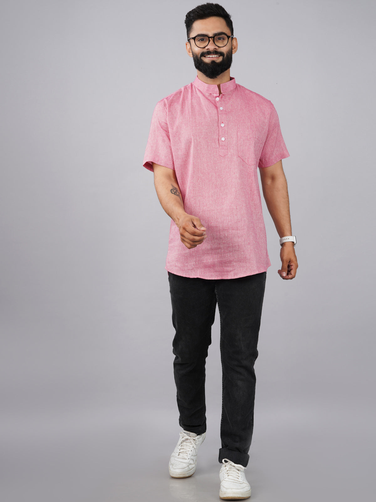 Mens Cotton Regular Fit Pink Solid Short Kurta