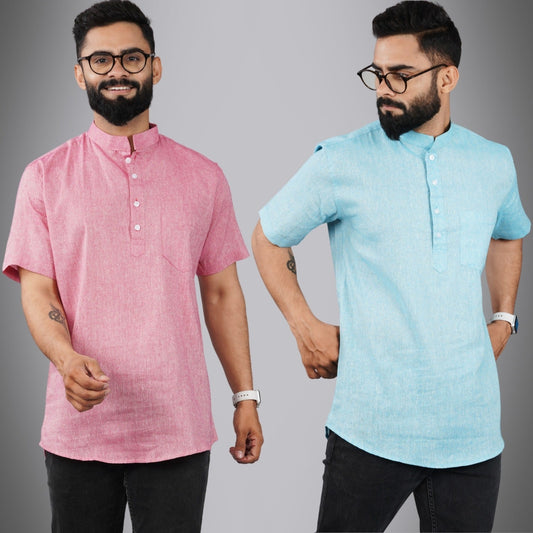 Pack Of 2 Mens Regular Fit Pink And Sky Blue Half Sleeve Cotton Short Kurta Combo