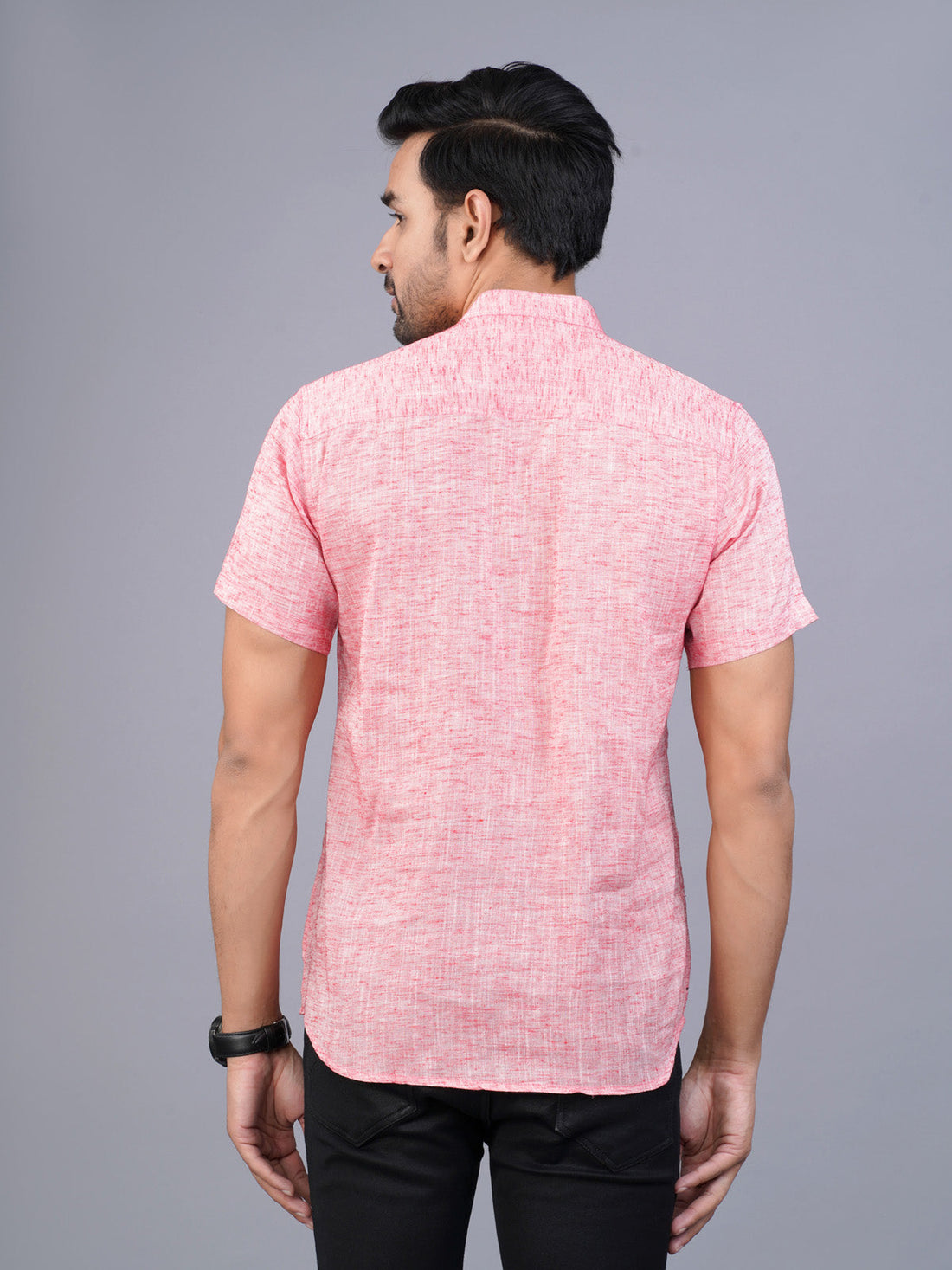 Mens Pink Short Sleeves Cotton Slub Kurta