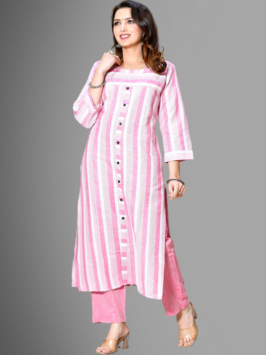 Womens Pink South Cotton Patta Striped Kurta