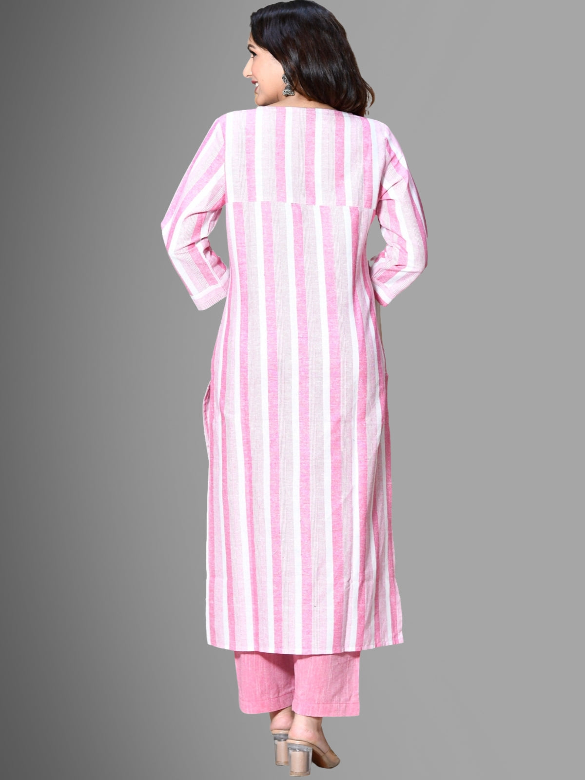 Womens Pink South Cotton Patta Striped Kurta