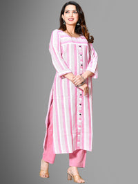 Womens Pink South Cotton Patta Striped Kurta