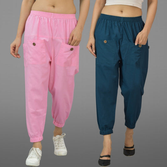 Combo Pack Of Womens Pink And Teal Blue Four Pocket Cotton Cargo Pants
