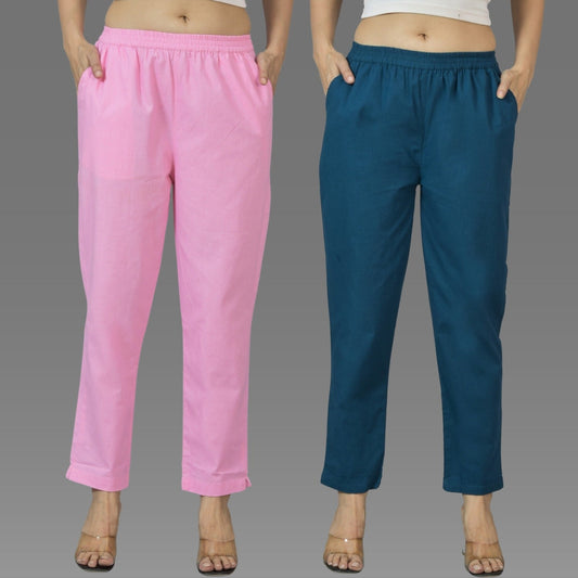 Pack Of 2 Womens Pink And Teal Blue Deep Pocket Fully Elastic Cotton Trouser