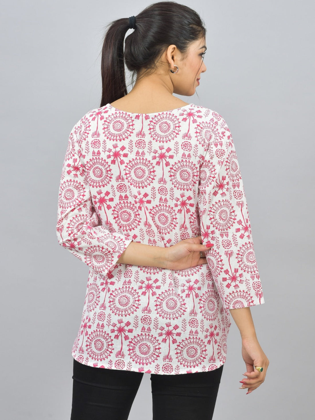 Womens Regular Fit Pink Tribal Printed Short Kurti/Top