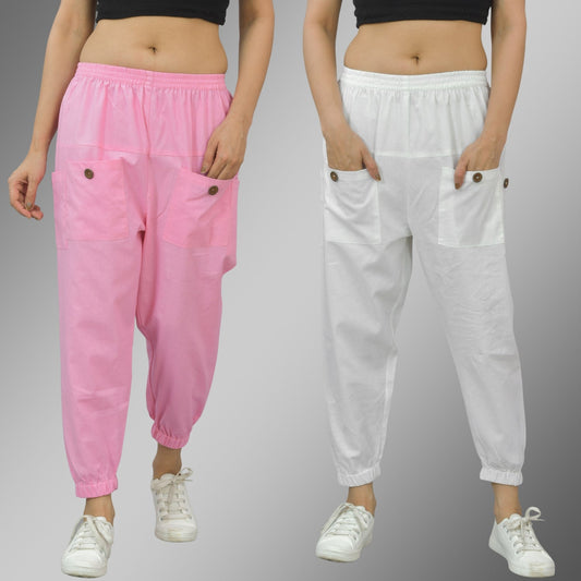 Combo Pack Of Womens Pink And White Four Pocket Cotton Cargo Pants