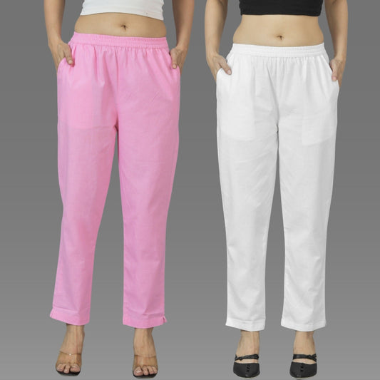 Pack Of 2 Womens Pink And White Deep Pocket Fully Elastic Cotton Trouser