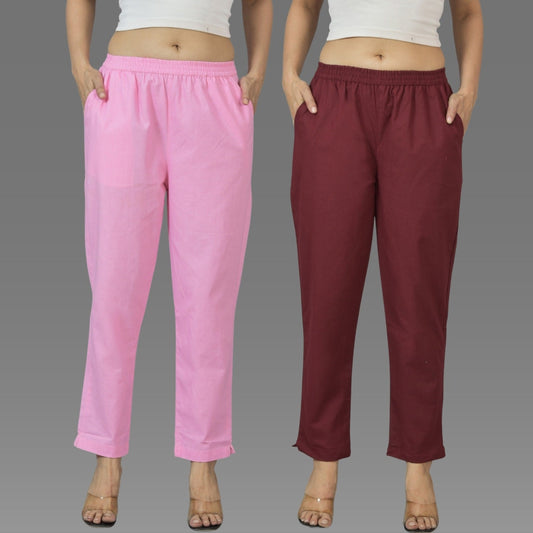 Pack Of 2 Womens Pink And Wine Deep Pocket Fully Elastic Cotton Trouser