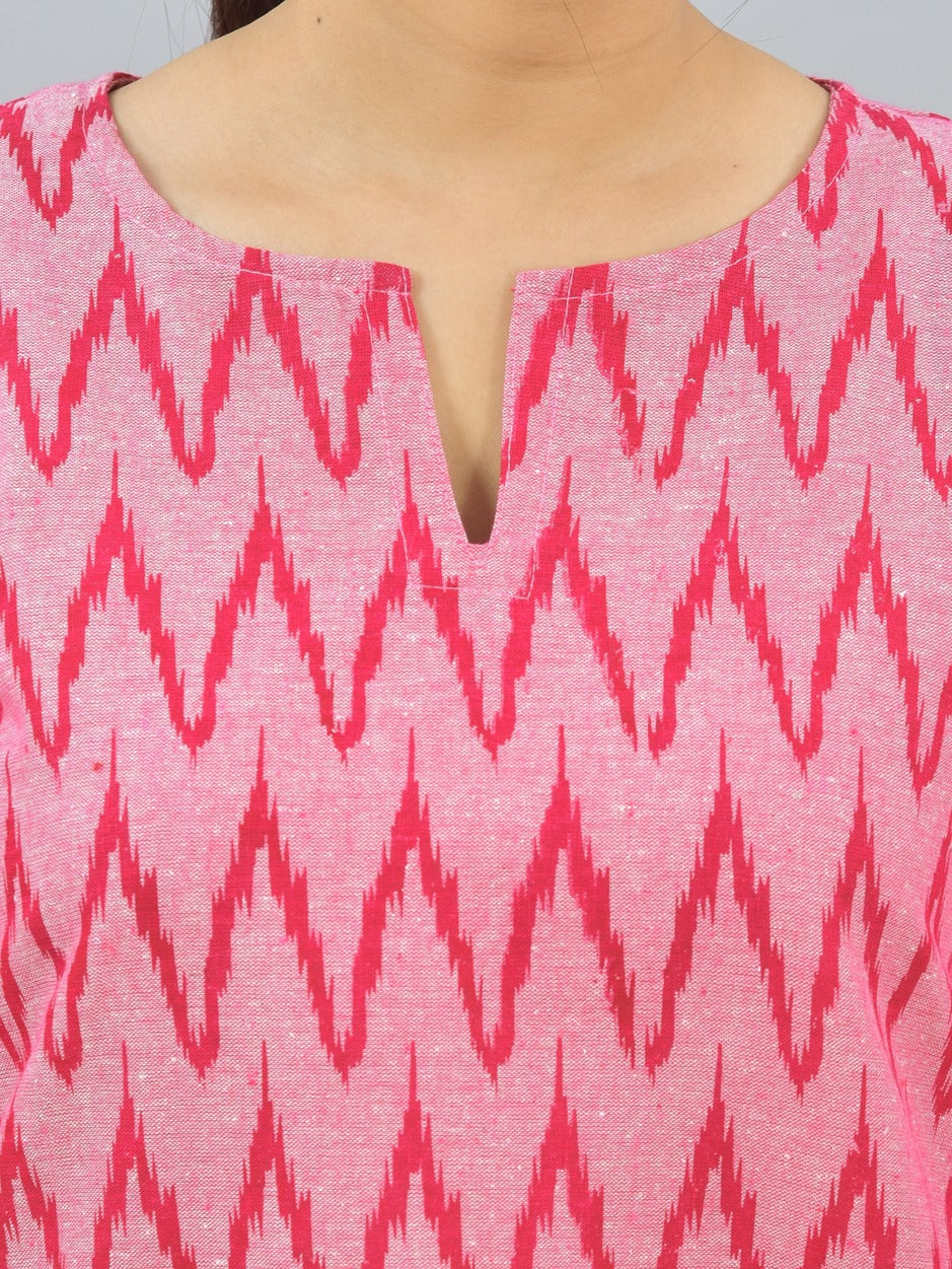 Womens Regular Fit Pink Zig Zag Printed Short Kurti/Top
