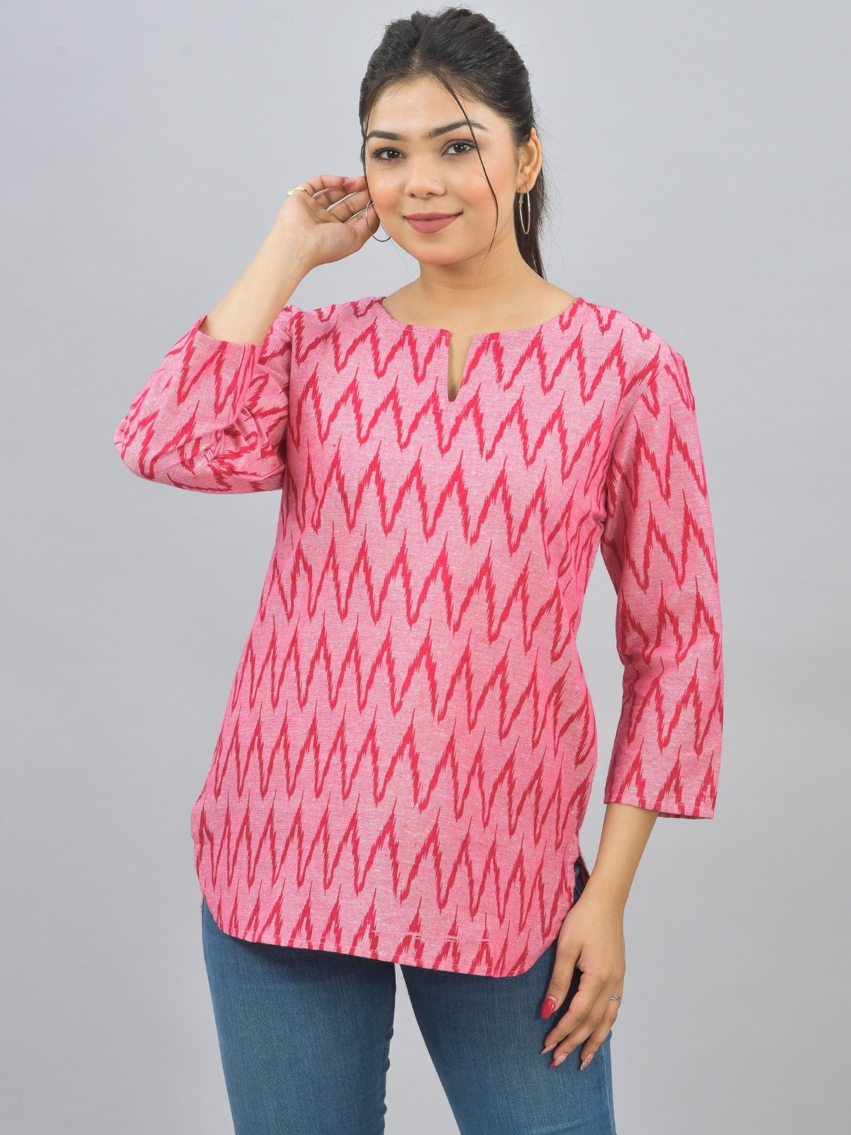 Pack Of 2 Womens Regular Fit Blue Leaf And Pink Zig Zag Printed Tops Combo
