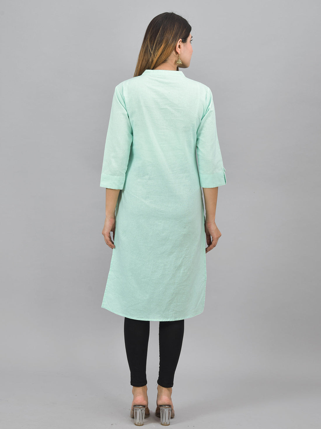 Womens Solid Pista Green Three Fourth Sleeve Cotton Straight Kurti