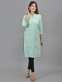 Womens Solid Pista Green Three Fourth Sleeve Cotton Straight Kurti