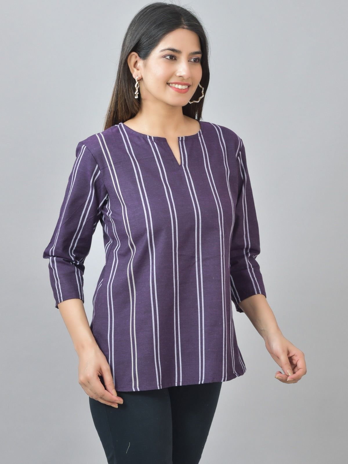 Pack Of 2 Purple And Dark Purple Striped Cotton Womens Top Combo