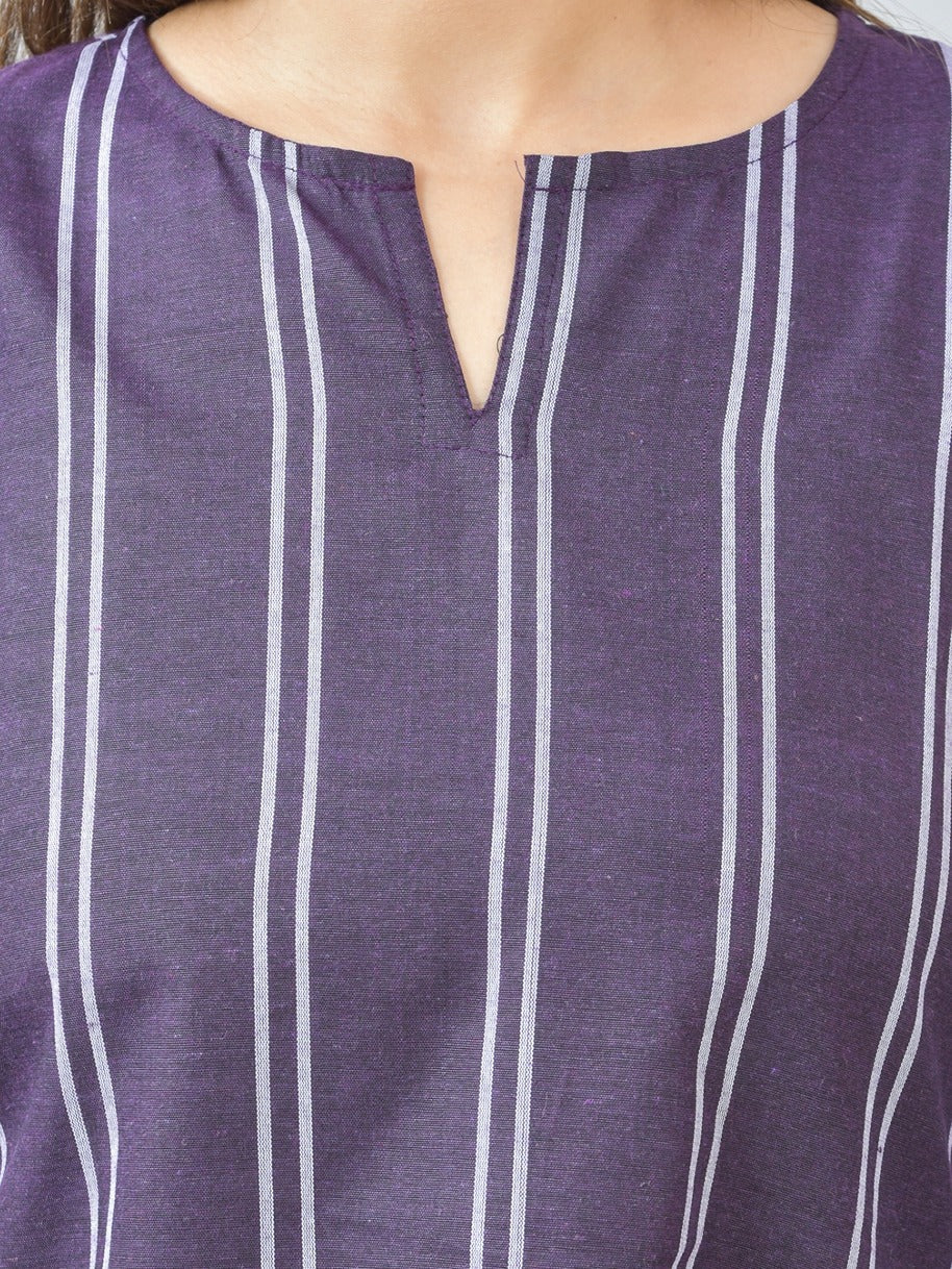 Womens Regular Fit Purple Double Stripe Cotton Top