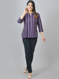 Womens Regular Fit Purple Double Stripe Cotton Top