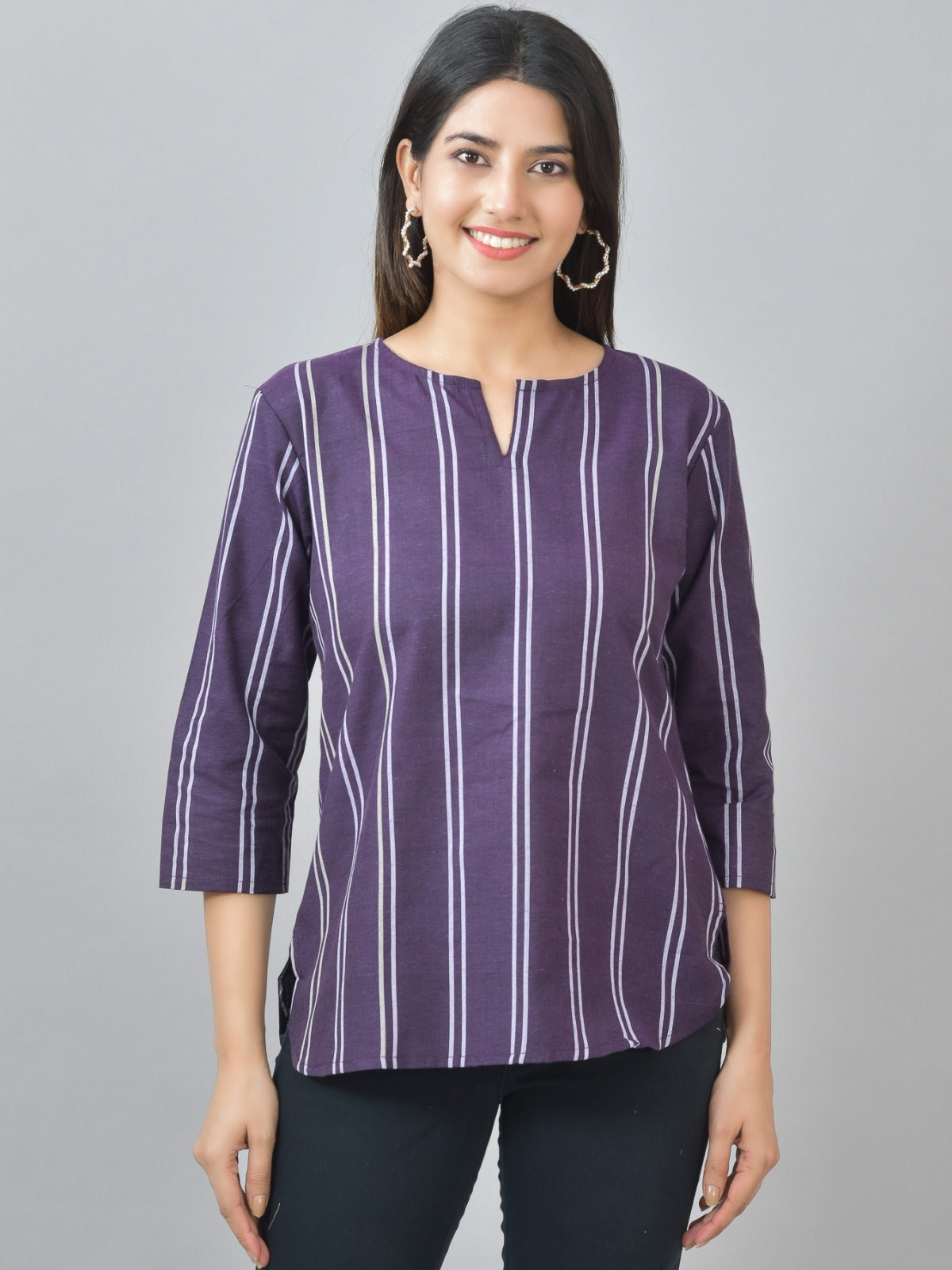 Pack Of 2 Brown And Purple Striped Cotton Womens Top Combo