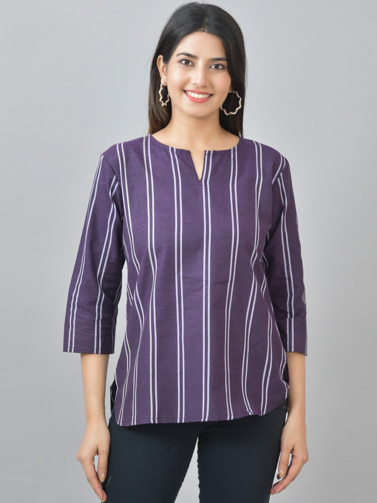 Pack Of 2 Coffee And Purple Striped Cotton Womens Top Combo