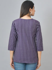 Womens Regular Fit Purple Single Stripe Cotton Top