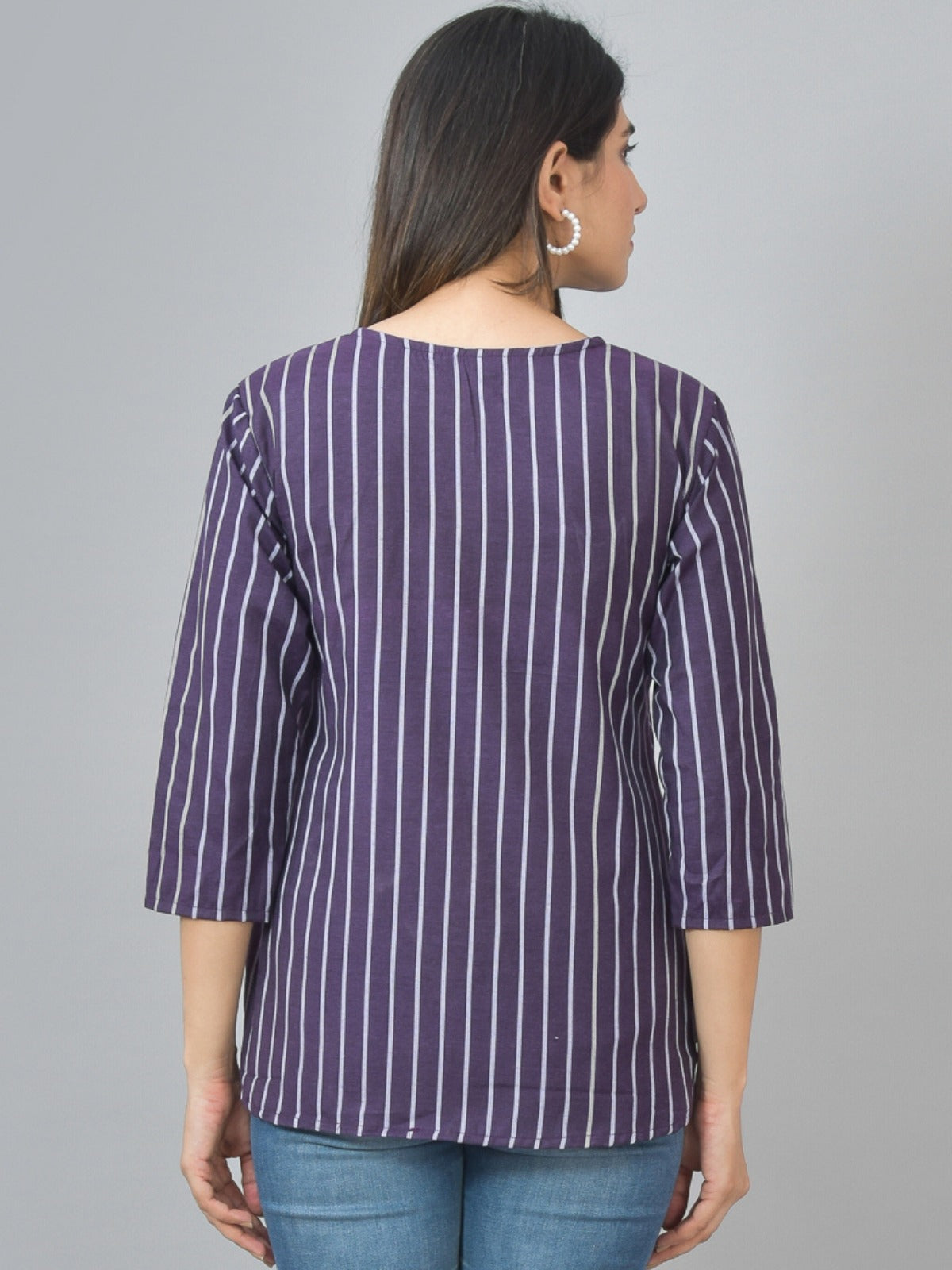 Pack Of 2 Grey And Dark Purple Striped Cotton Womens Top Combo