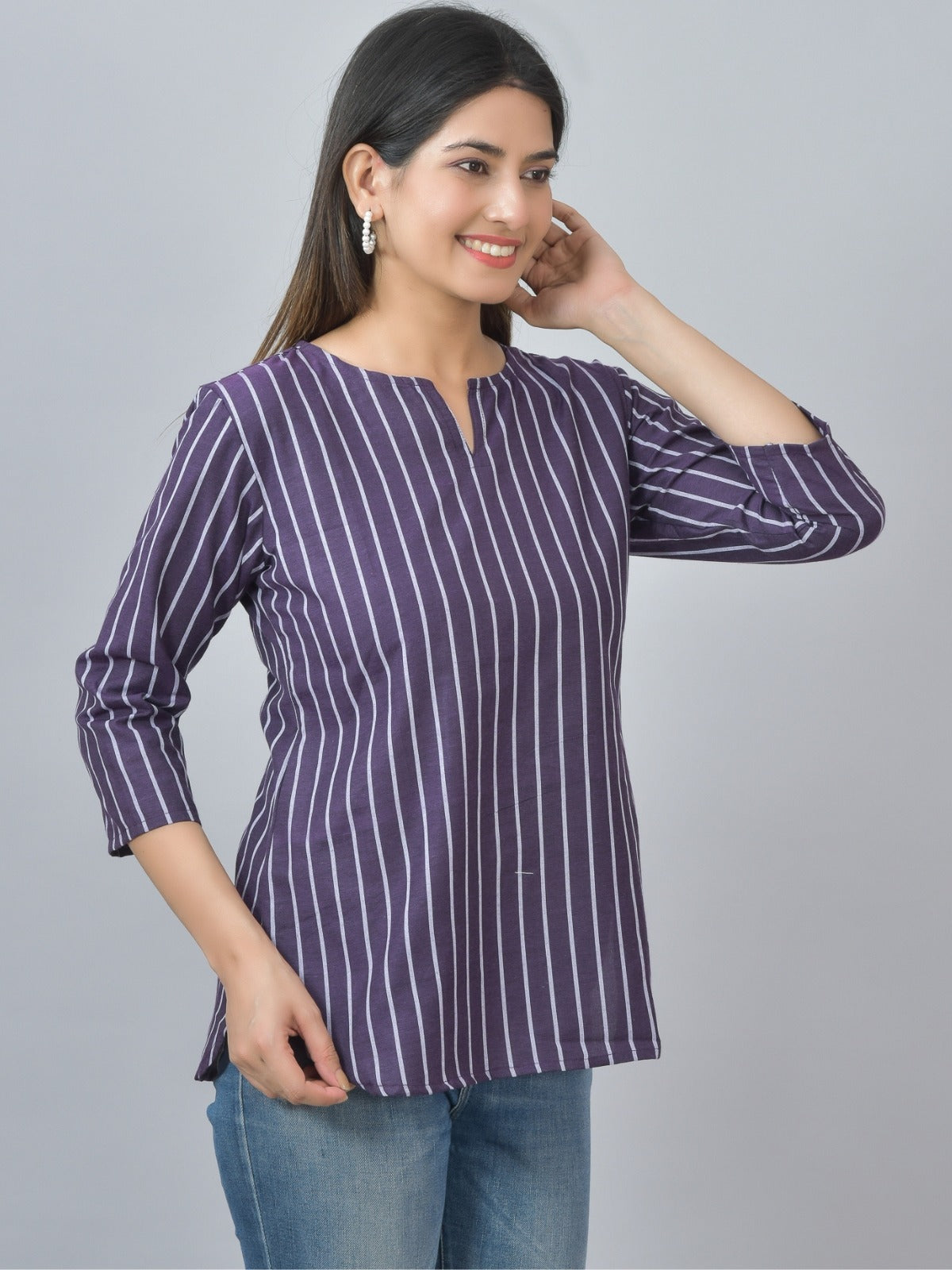 Womens Regular Fit Purple Single Stripe Cotton Top