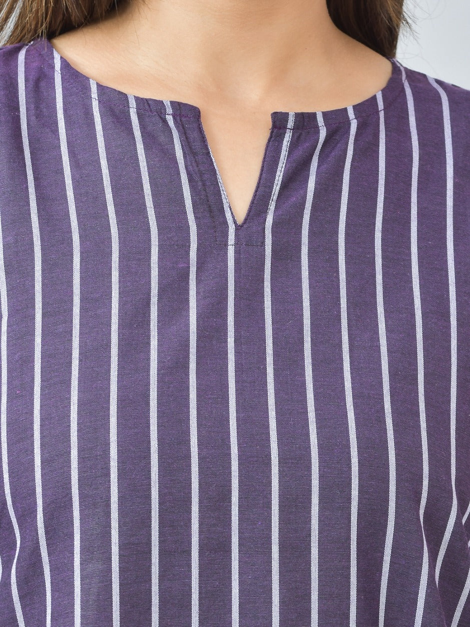 Womens Regular Fit Purple Single Stripe Cotton Top