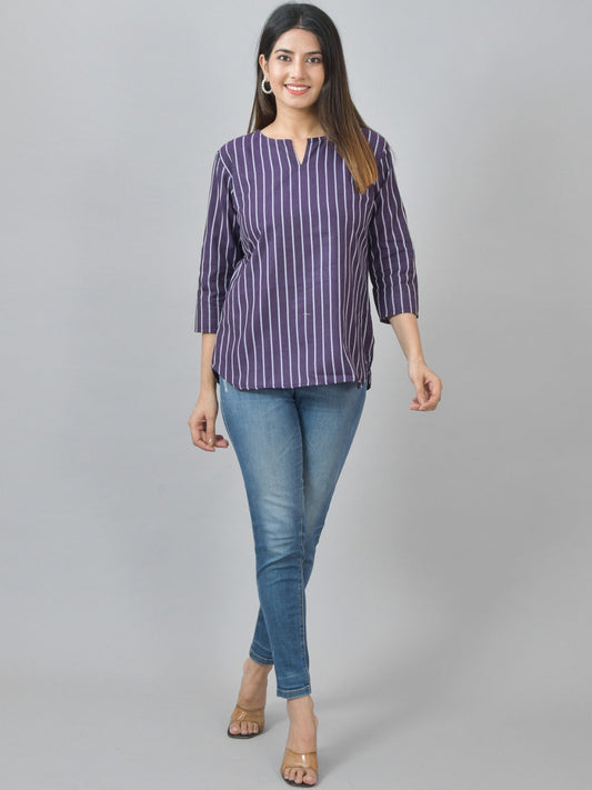 Womens Regular Fit Purple Single Stripe Cotton Top