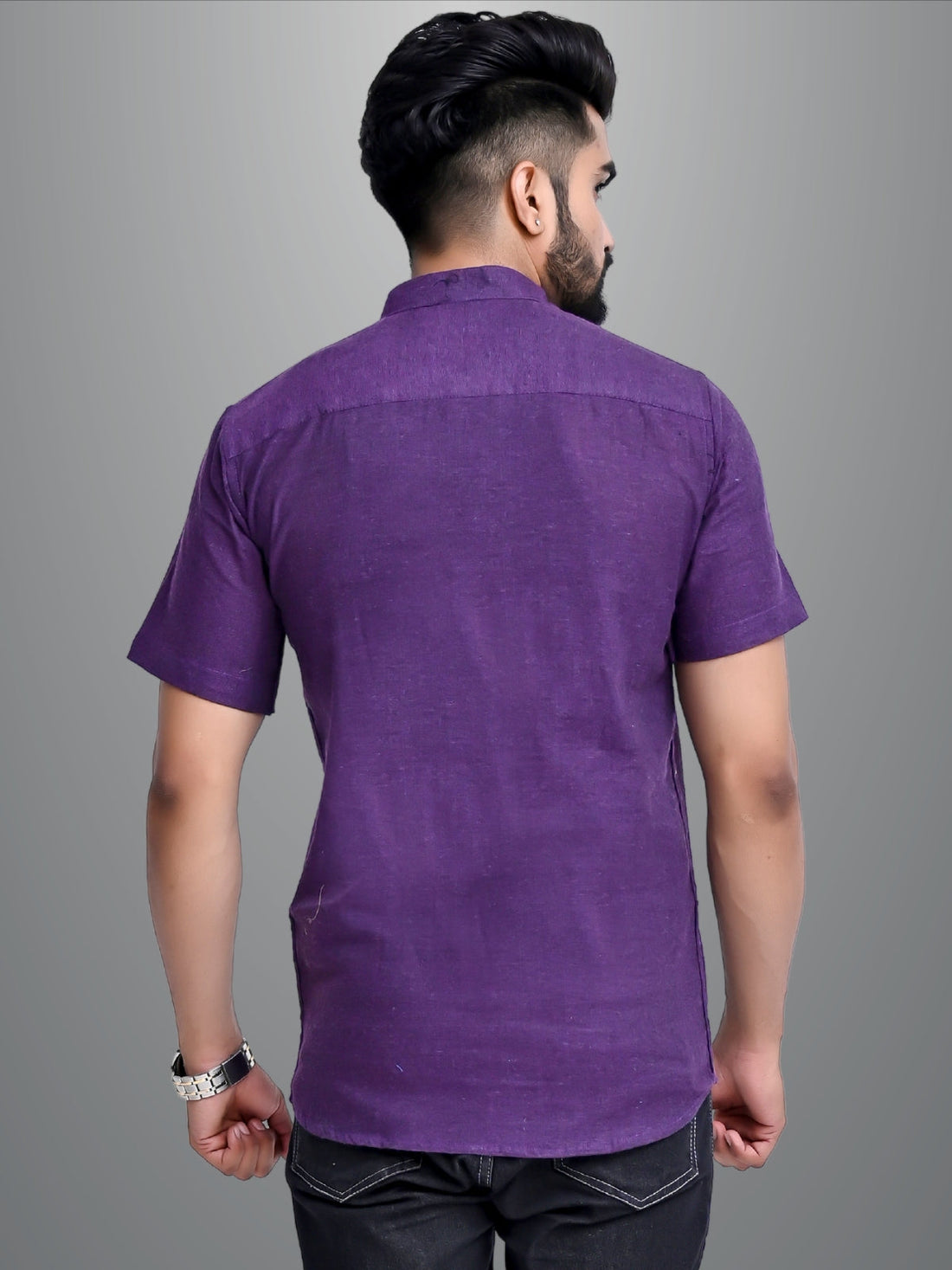 Mens Solid Purple Cotton Blend Short Kurta