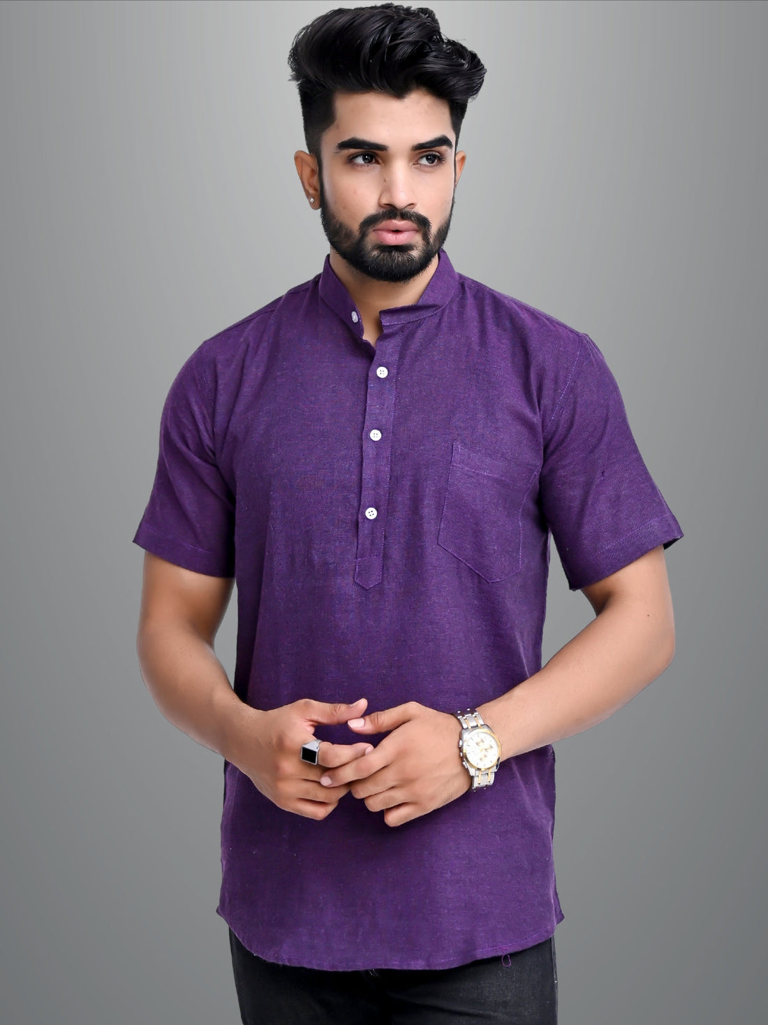 Mens Regular Fit Dark Purple and Teal Blue Half Sleeve Cotton Short Kurta Combo