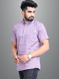 Mens Solid Light Purple Khadi Cotton Short Kurta