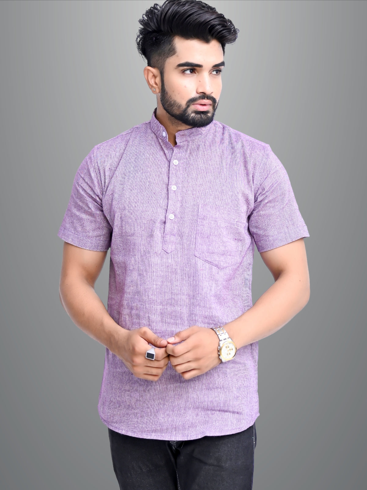 Mens Solid Light Purple Khadi Cotton Short Kurta