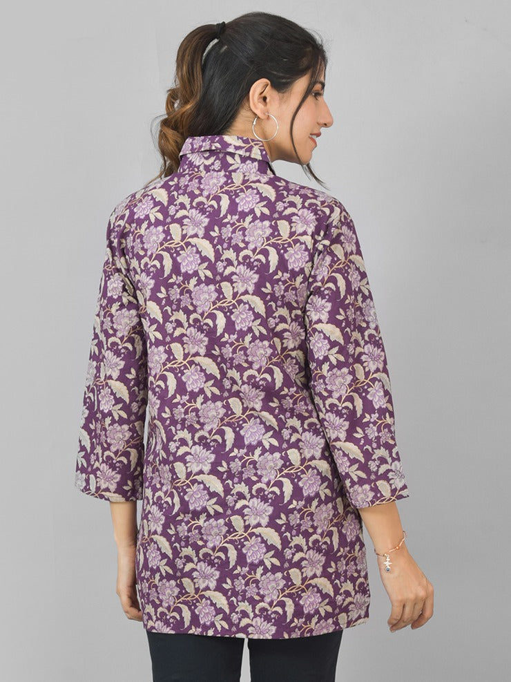 Women Purple Floral Printed Cotton Spread Collar Short Kurti