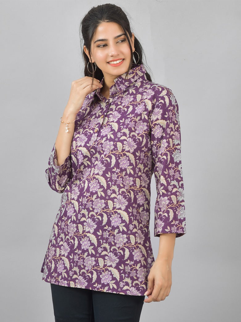 Women Purple Floral Printed Cotton Spread Collar Short Kurti