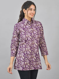 Women Purple Floral Printed Cotton Spread Collar Short Kurti