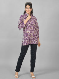 Women Purple Floral Printed Cotton Spread Collar Short Kurti