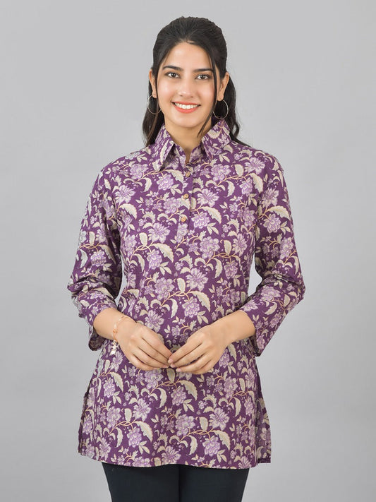 Women Purple Floral Printed Cotton Spread Collar Short Kurti