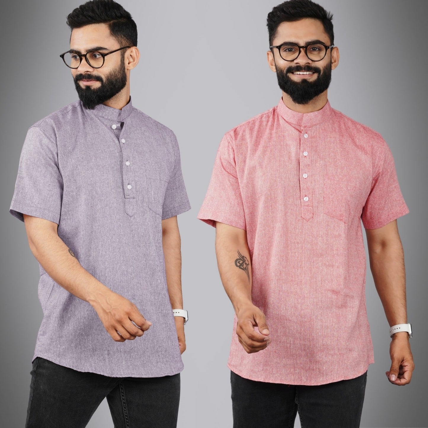 Pack Of 2 Mens Regular Fit Purple And Red Half Sleeve Cotton Short Kurta Combo