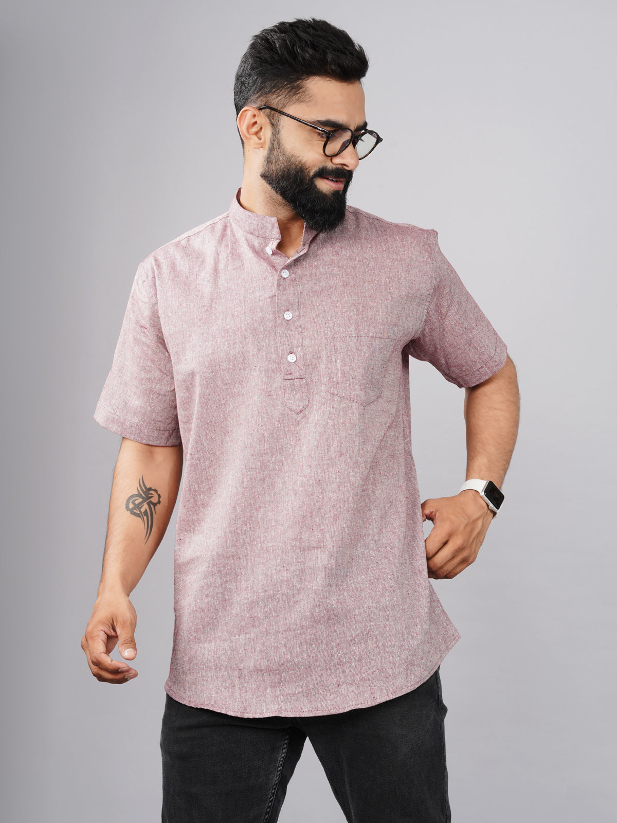 Mens Cotton Regular Fit Magenta Solid Short Kurta