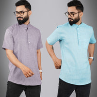 Pack Of 2 Mens Regular Fit Purple And Sky Blue Half Sleeve Cotton Short Kurta Combo