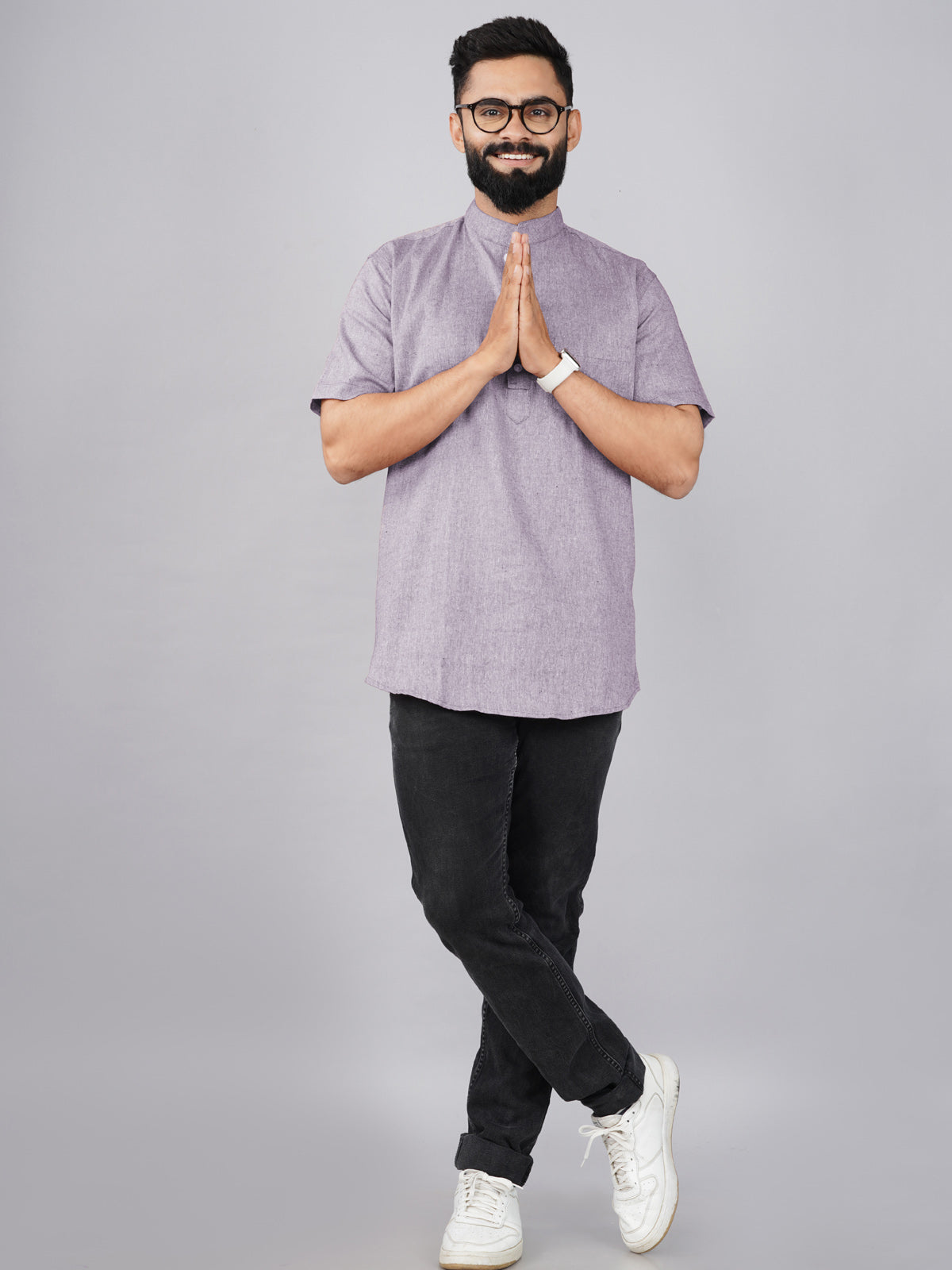 Mens Cotton Regular Fit Purple Solid Short Kurta