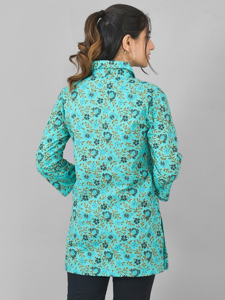 Women Light Green Floral Printed Cotton Spread Collar Short Kurti