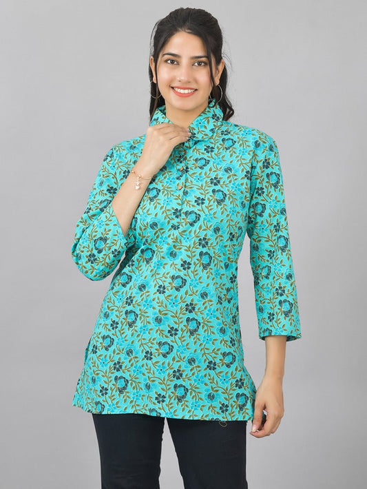 Women Light Green Floral Printed Cotton Spread Collar Short Kurti