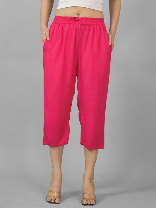 Women Solid Rani Pink Rayon Calf Length Culottes Trouser