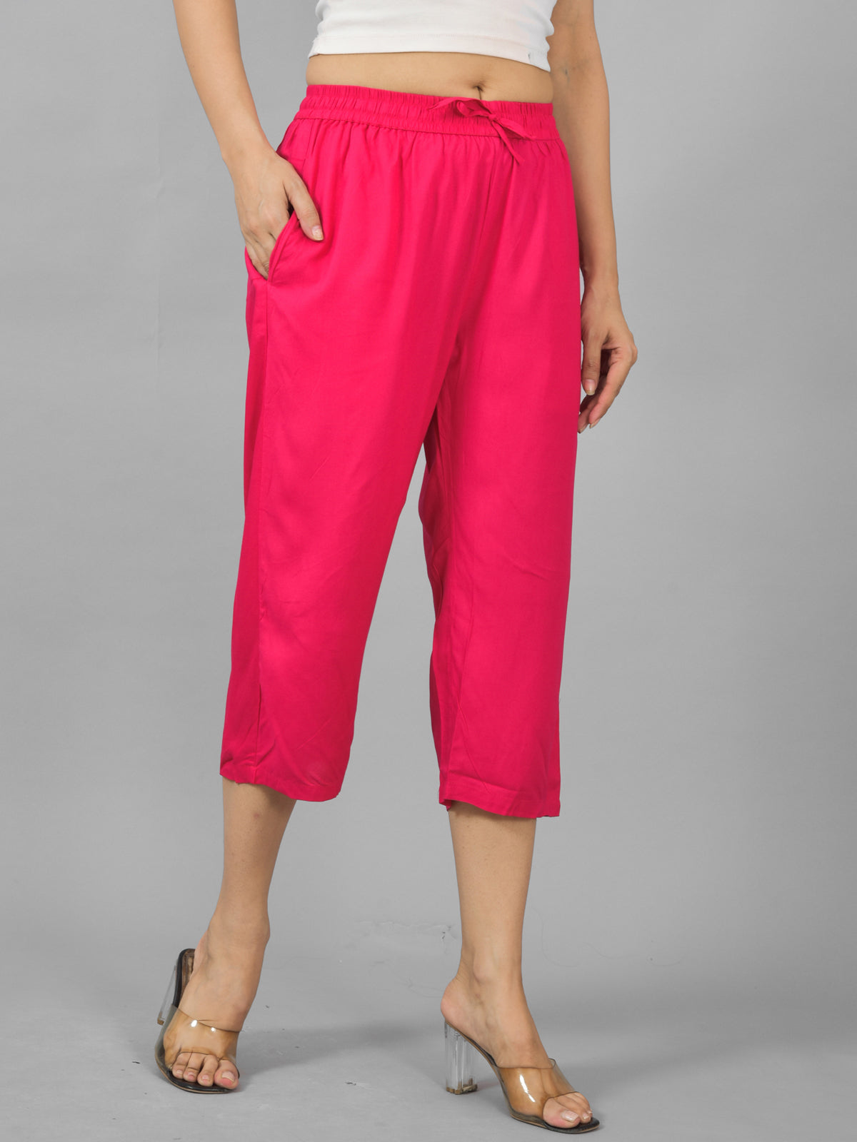 Women Solid Rani Pink Rayon Calf Length Culottes Trouser