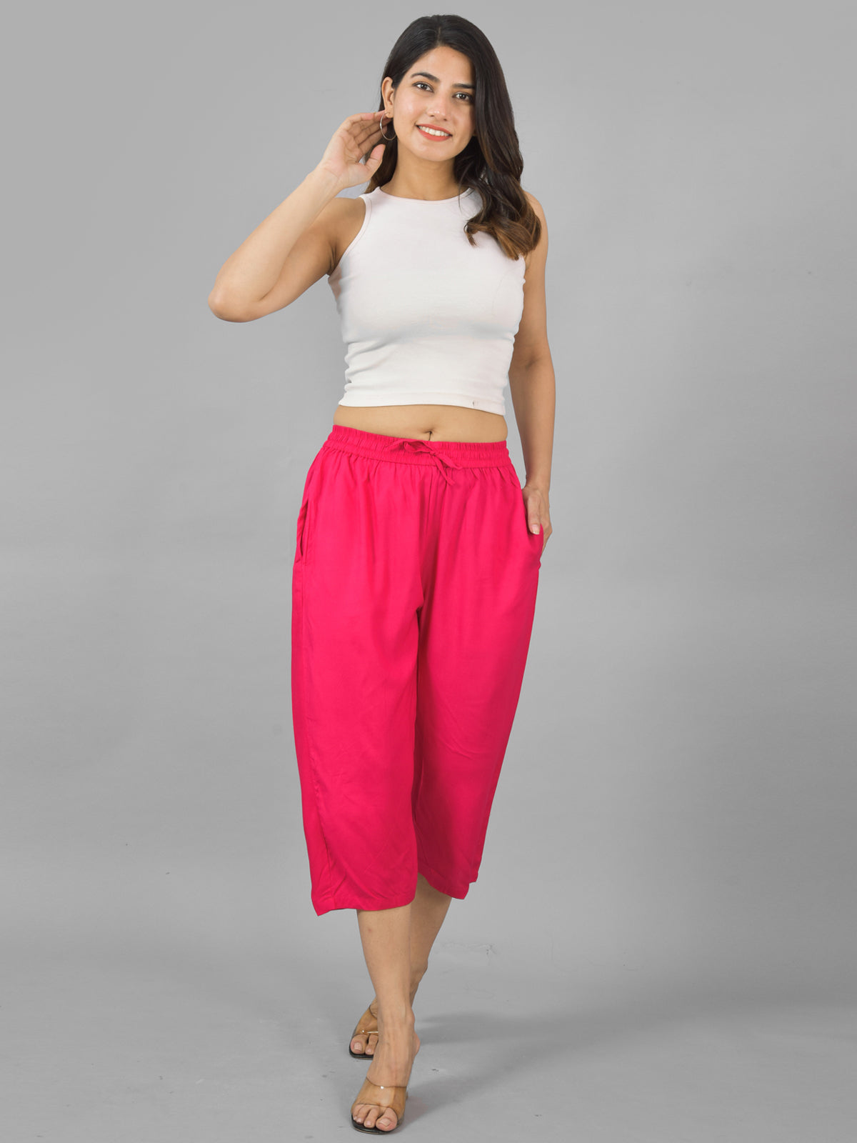 Pack Of 2 Women Rani Pink And Wine Calf Length Rayon Culottes Trouser Combo