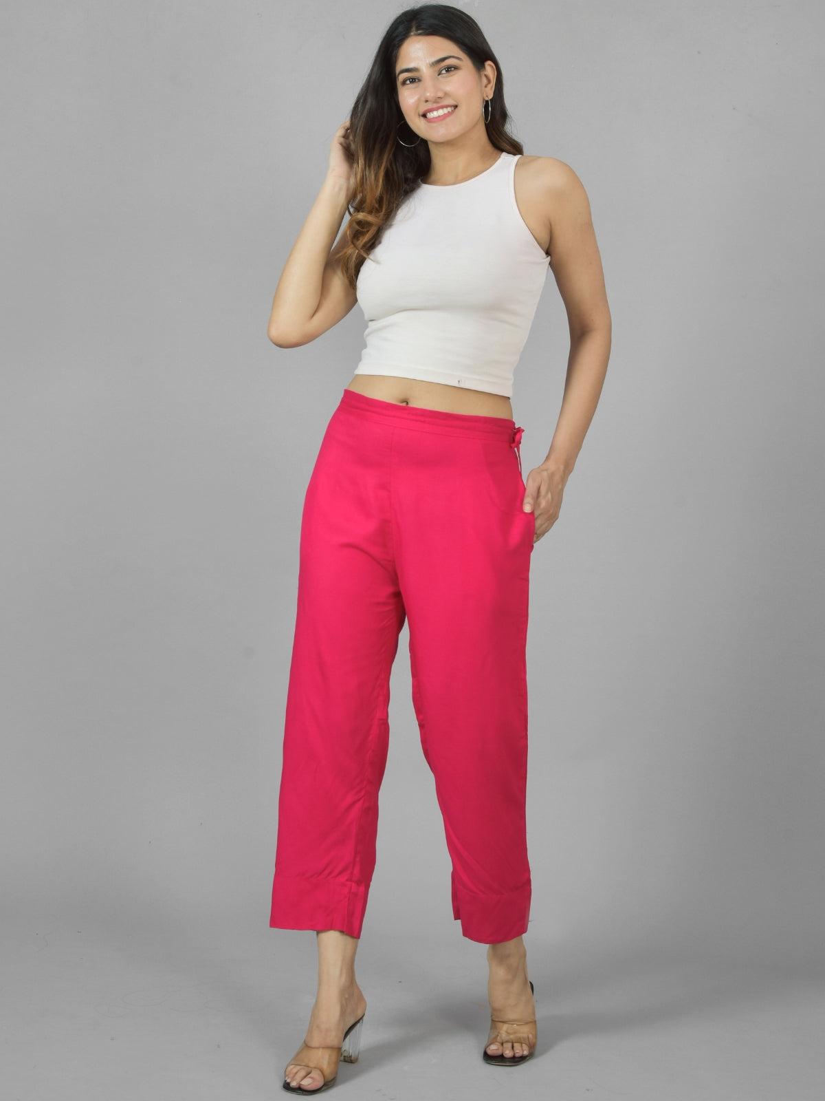 Pack Of 2 Womens Rani Pink And White Ankle Length Rayon Culottes Trouser Combo