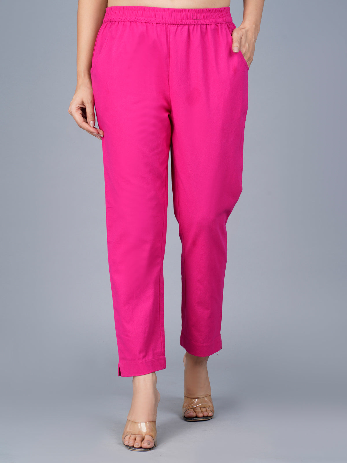 Pack Of 2 Womens Regular Fit Pink And Rani Pink Fully Elastic Waistband Cotton Trouser