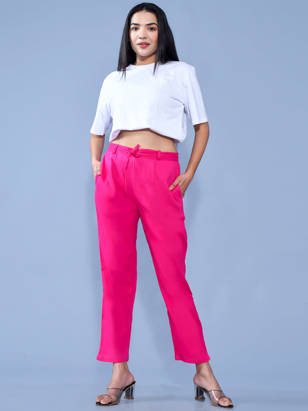 Women Regular Fit Rani Pink Cotton Slub Trouser